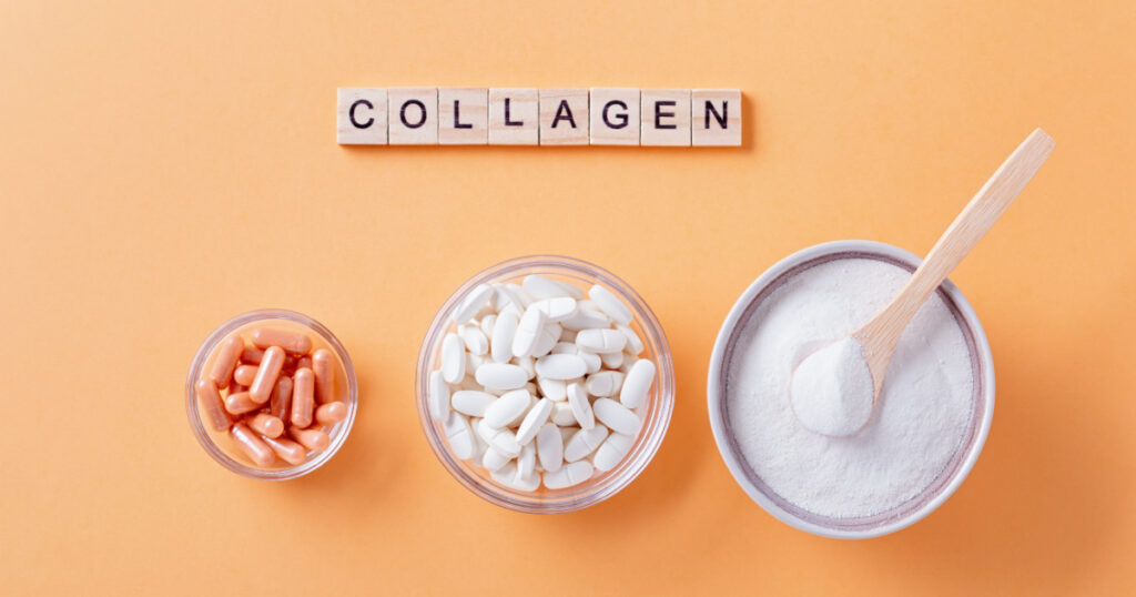 Different types of collagen for skin care flat lay with collagen quote made of wooden blocks