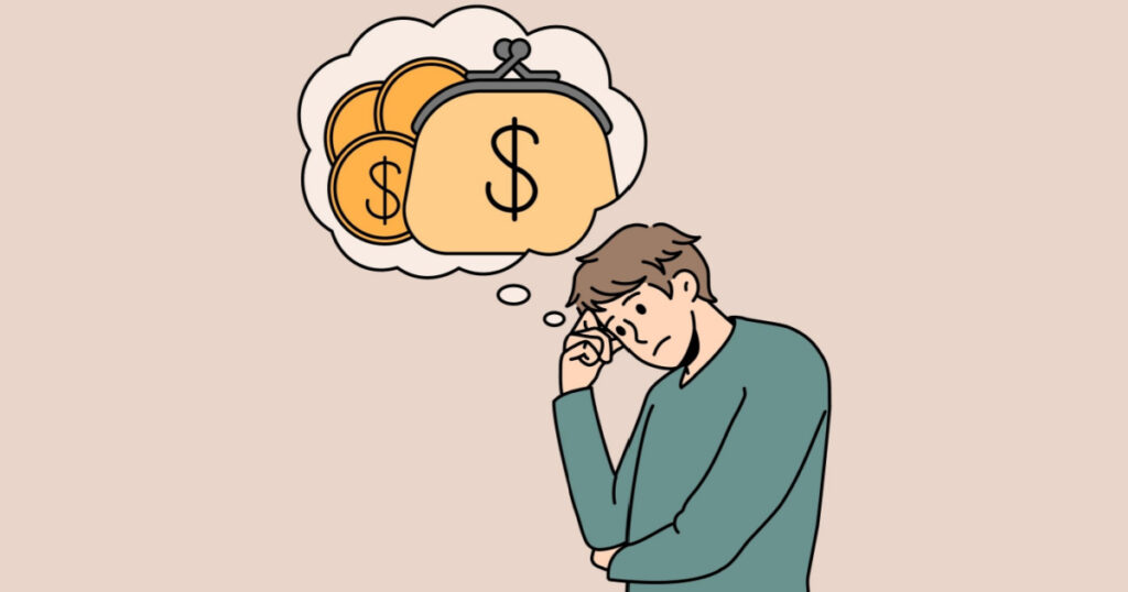 Unhappy young man with speech bubble above think of money struggle with financial problems. Stressed guy consider expenses expenditures. Bankruptcy and debt. Finance. Vector illustration.
