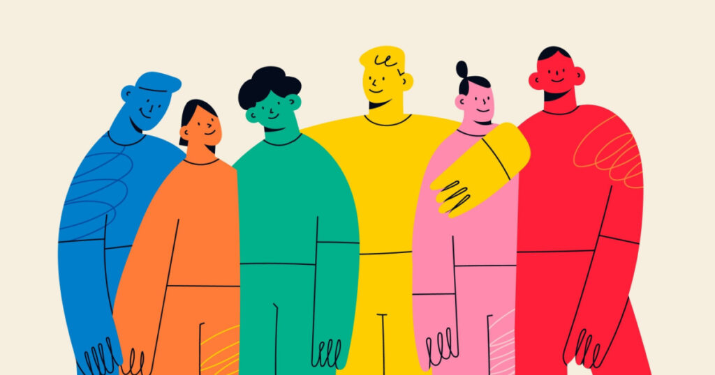 Group of abstract diverse people. Friends or coworkers are standing, hugging, posing together. Cartoon characters. Teamwork, togetherness, friendship concept. Hand drawn colorful Vector illustration

