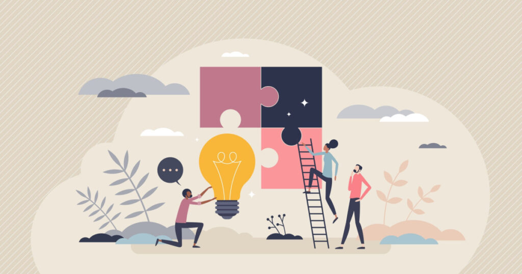 Creative planning and innovative solution for work task tiny person concept. Creativity and efficient approach after brainstorm process vector illustration. Job optimization with thinking out of box.
