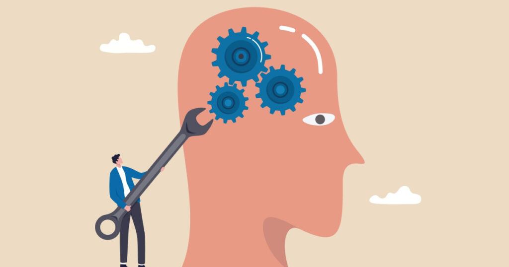 Change mindset or attitude, psychology or brain training to learn new skill to success, mentor or coaching concept, businessman with wrench to adjust gear cogwheels on human head metaphor of mindset.
