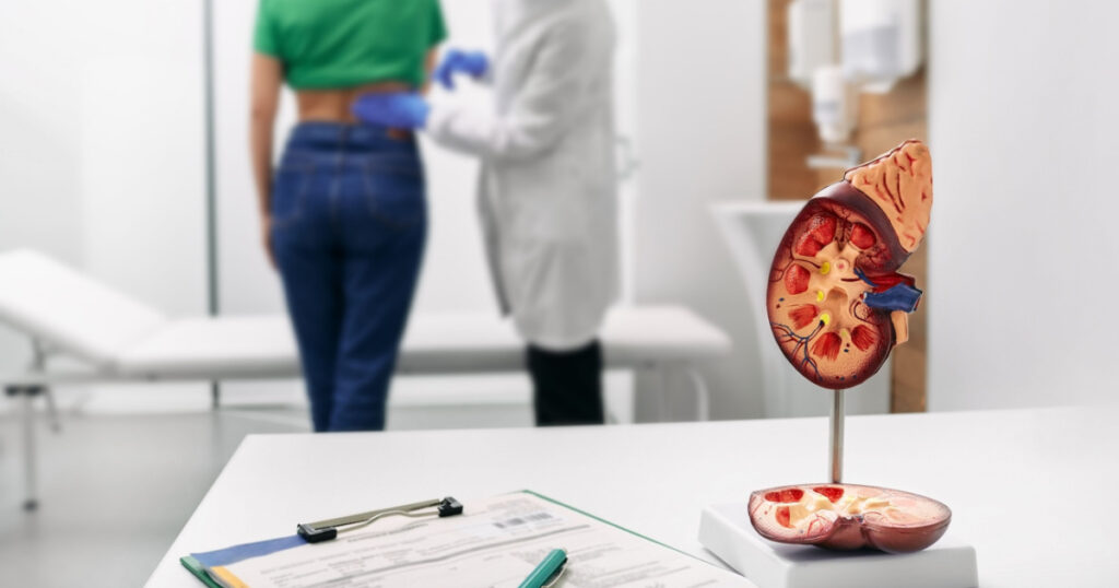 Treatment of kidney diseases at urology. Urologist palpation woman's back with kidney pain while consultation at medical clinic
