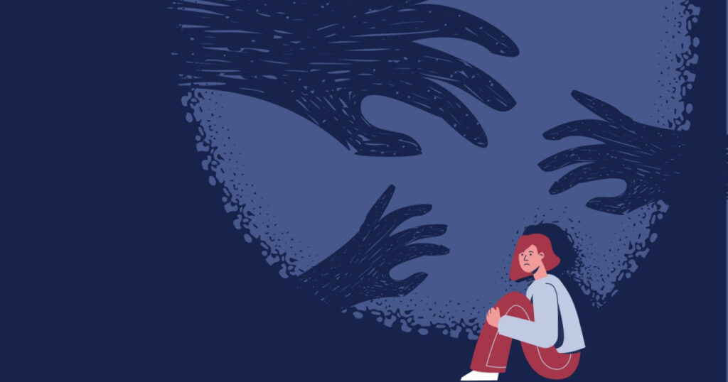 A teenage girl around whom there is darkness and shadows of hands, a symbol of phobia, fear of darkness and nightmares.
