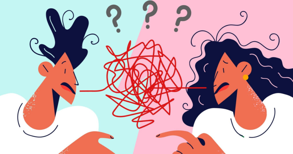 Couple fighting have misunderstanding in relationships. Man and woman engaged in toxic relations, suffer from lack of understanding. Vector illustration.
