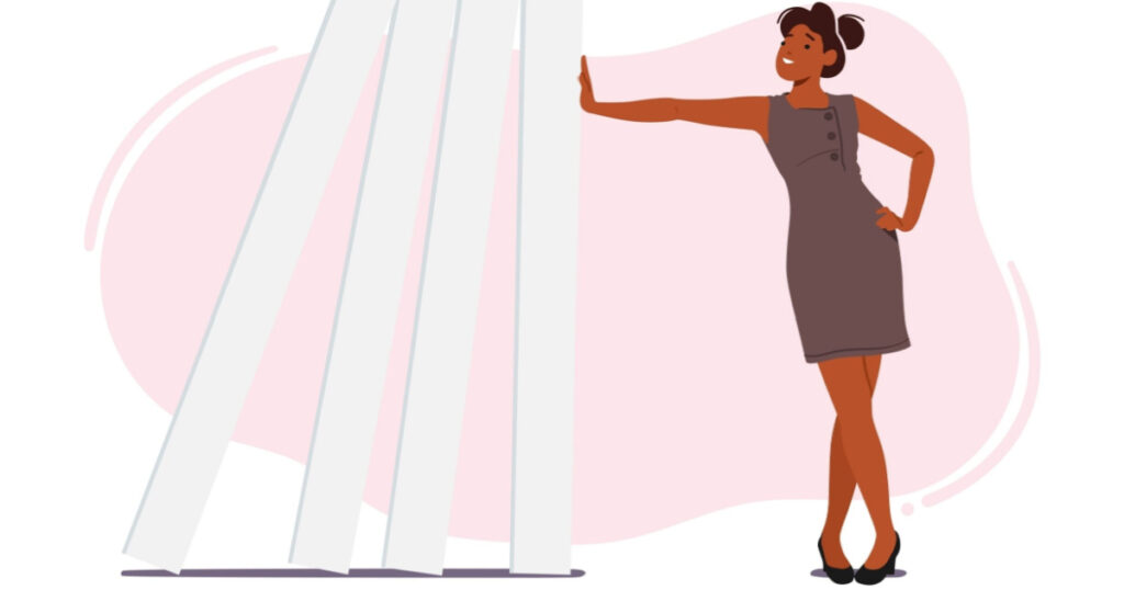 Confident Business Woman Easily Pushing Falling Domnoes Line. Concept of Resilience, Risk Management, Protection, Successful Company Avoiding Dominoes Effect In Crisis. Cartoon Vector Illustration
