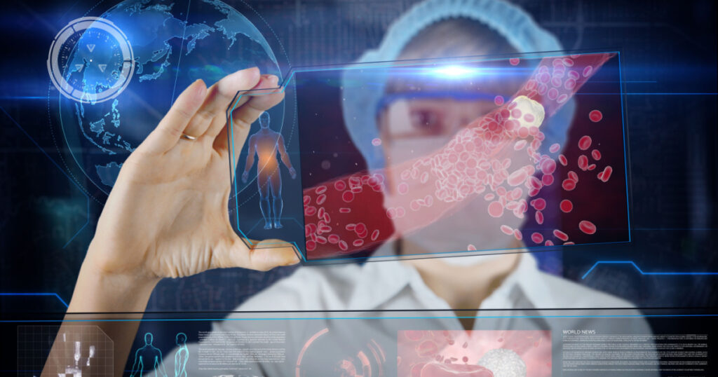 Doctor with futuristic hud screen tablet. Clogged Artery cholesterol plaque. Medical concept of the future.
