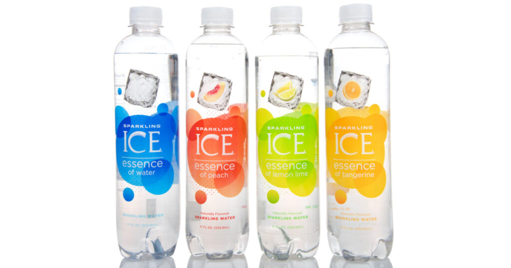 Alameda, CA - January 29, 2017: Four 17 FL OZ bottle of Sparkling Ice brand naturally flavored Sparkling Water. Peach, lemon lime, tangerine and essence of water