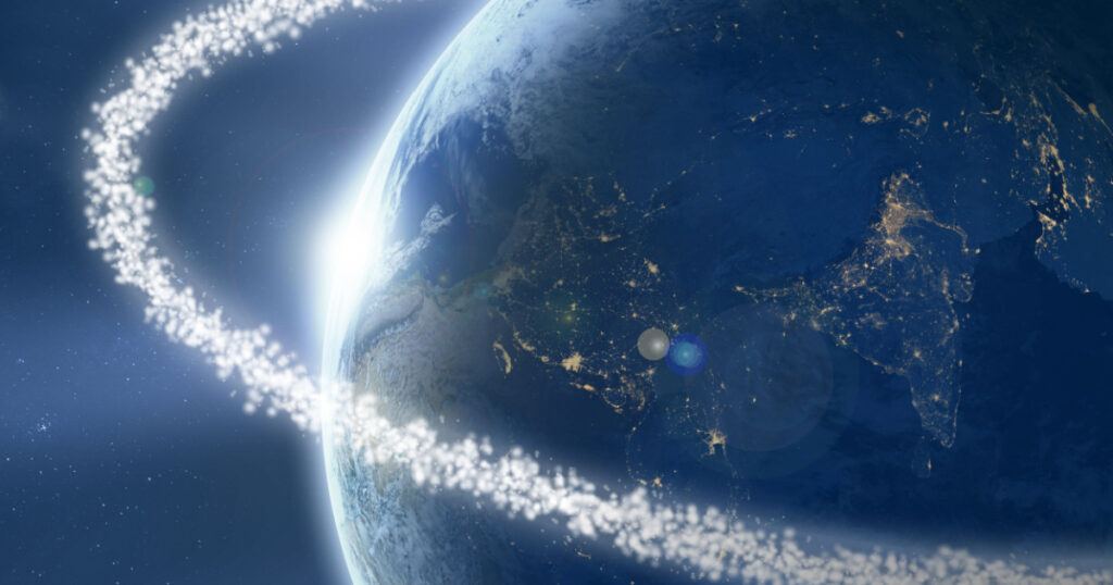 Space junk ring around the Earth viewed from space