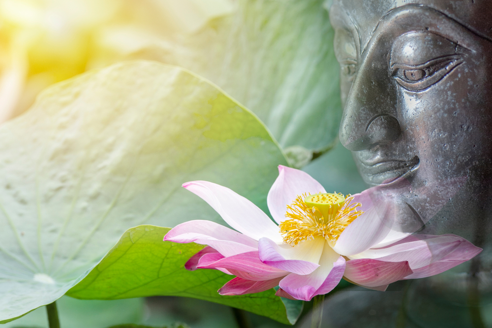 Beautiful of lotus flower and buddha image put together look like art . On the face of buddha has a little smiley. Buddhism in Thailand is popular. The culture of Thailand involved buddha.
