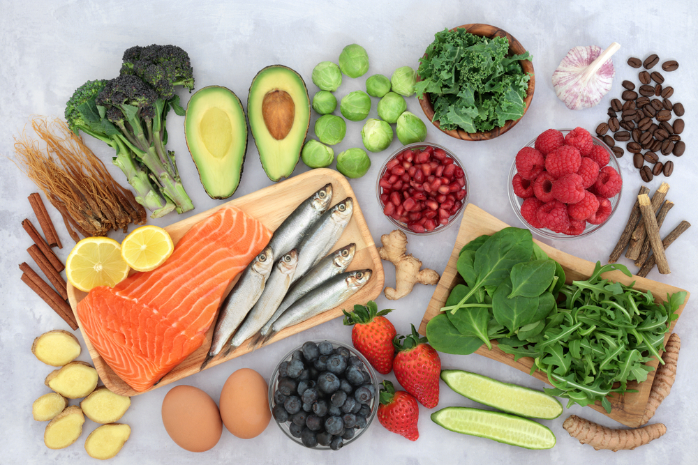 Asthma, COPD and respiratory relieving health food with herbs and spices used in herbal medicine. High in antioxidants, anthocayanins, protein, omega 3, minerals and vitamins. Flat lay.