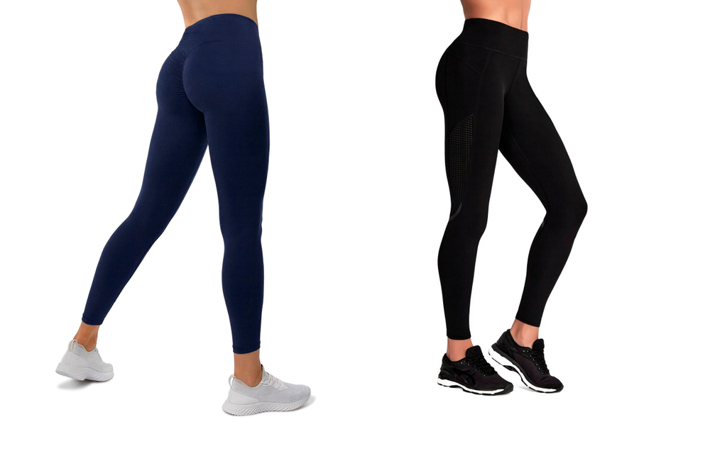 Two pairs beautiful slim female legs in blue and black sport leggings and running shoes isolated on white background. Concept of stylish clothes, sports, beauty, fashion and slim legs