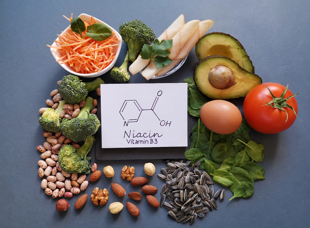 Foods rich in vitamin B3 (niacin, nicotinic acid) with structural chemical formula of niacin molecule. Natural sources of vitamin B3: avocado, nut, spinach, bean, broccoli, egg, tomato, chicken breast