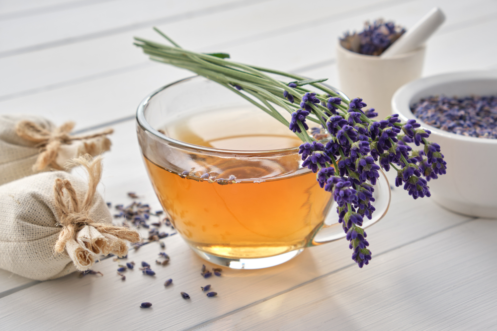 Cup of healthy lavender tea and lavender flowers. Mortars of dry lavender and sachets on background. Alternative medicine.
