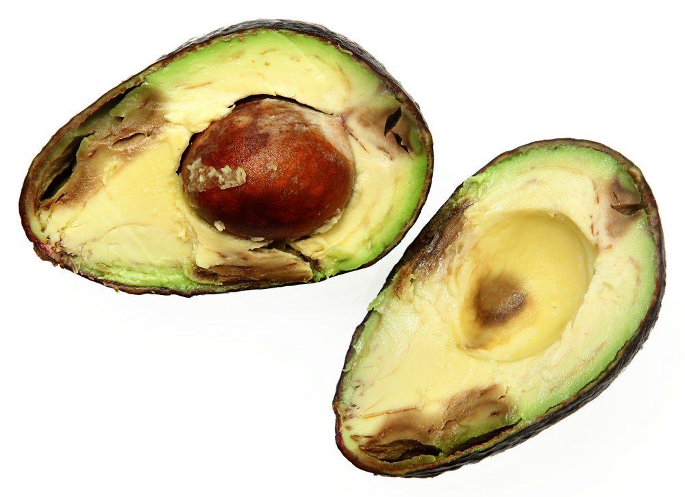 Overly Ripe Spotted Avocado Sliced with Seed Over White
