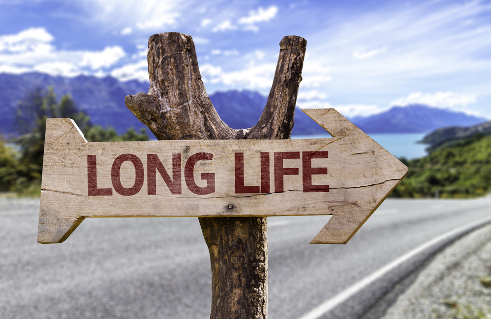 Long Life wooden sign with a street background
