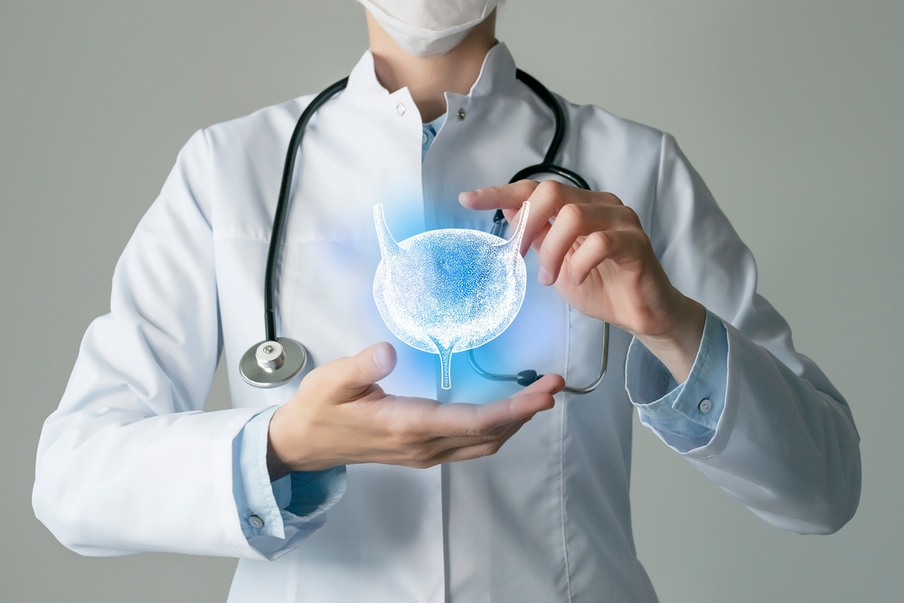 Bladder issues medical concept. Photo of female doctor, empty space.
