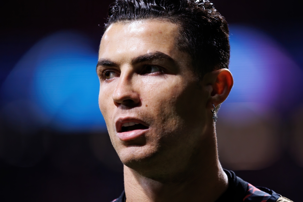 MADRID - FEB 23: Cristiano Ronaldo warms up prior to the Champions League match between Club Atletico de Madrid and Manchester United at the Metropolitano Stadium on February 23, 2022 in Madrid.