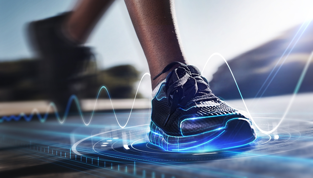 Hologram, shoes and sports for fitness, run and speed for health tracking outdoor. Future, sneakers and graphics for workout, exercise and balance for routine, training for marathon and wellness.