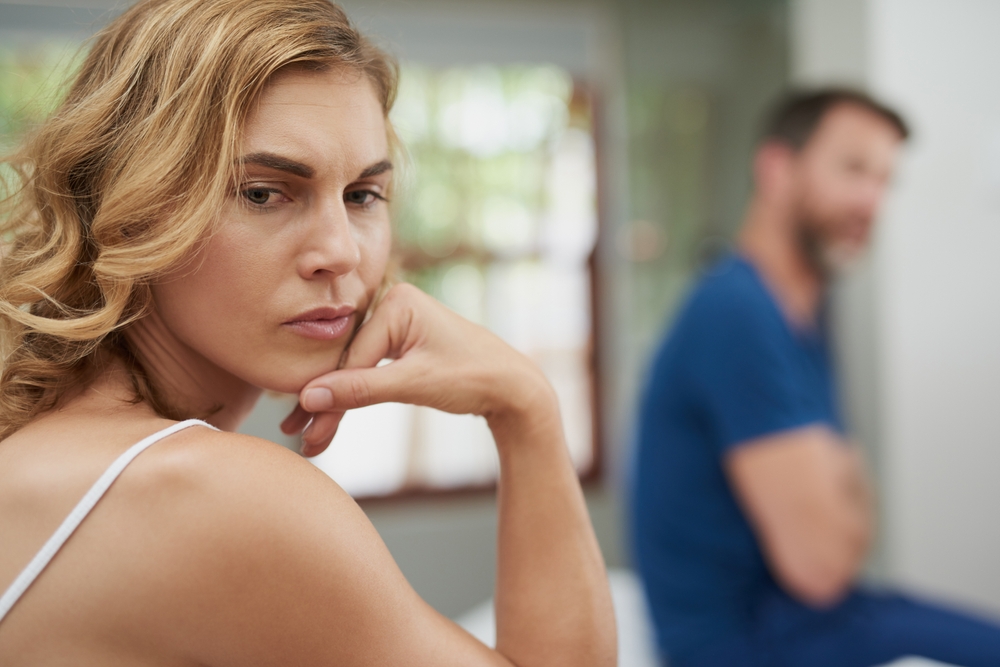 Fight, divorce or couple with anger, conflict or affair with marriage issue, home or ignore. Partners, mature woman or man with frustration, relationship problems or toxic with depression or cheating
