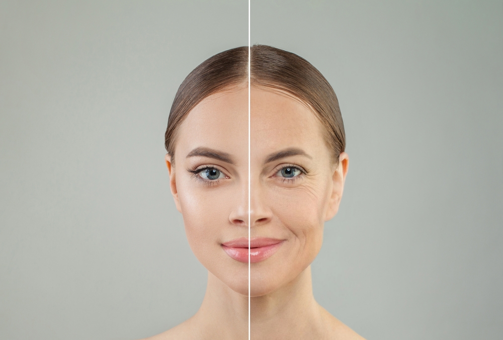 Portrait of beautiful woman with wrinkles and young clean skin, aging and youth concept, beauty treatment and cosmetology