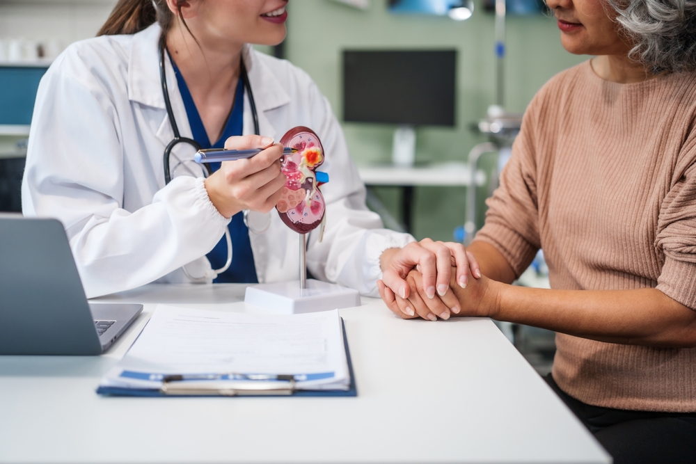 Caucasian woman and elderly Asian woman discuss kidney model issues like gallstones, glomerulonephritis, acutechronic kidney disease, infections, abnormal ureters, cysts, urinary system cancer.

