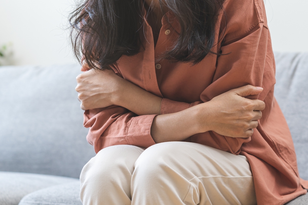 Sad, unhappy. Lonely asian young woman, girl expression thinking about problem, difficulty, feeling failure and exhausted, suffering from loneliness, grief sorrow and bad relationship or break up.