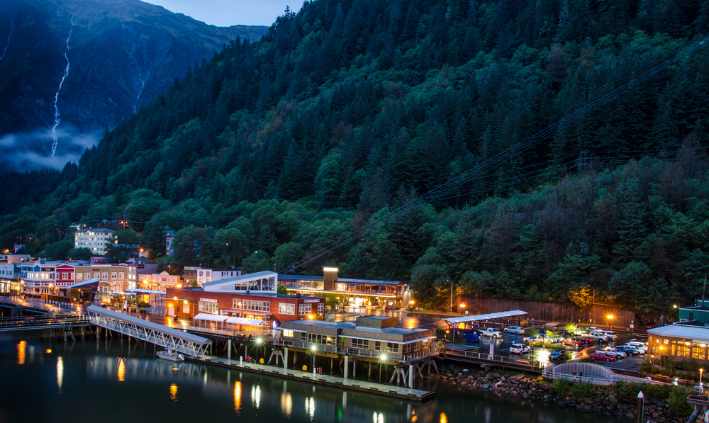 JUNEAU, ALASKA - SEPTEMBER 9, 2016: The port of the capital city at dusk.
