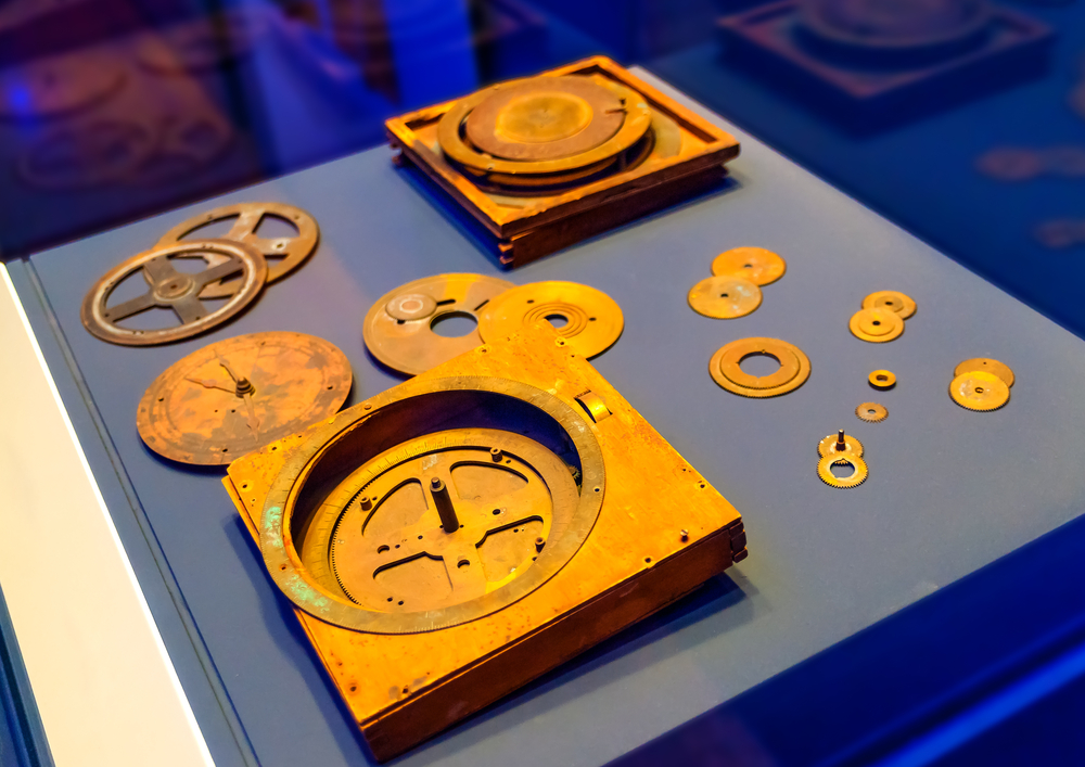 Antikythera mechanism in National Archaeological Museum, Athens, Greece. Ancient Greek artifact, old machine close-up. Theme of astronomy, technology, science and civilization. Athens - May 7, 2018