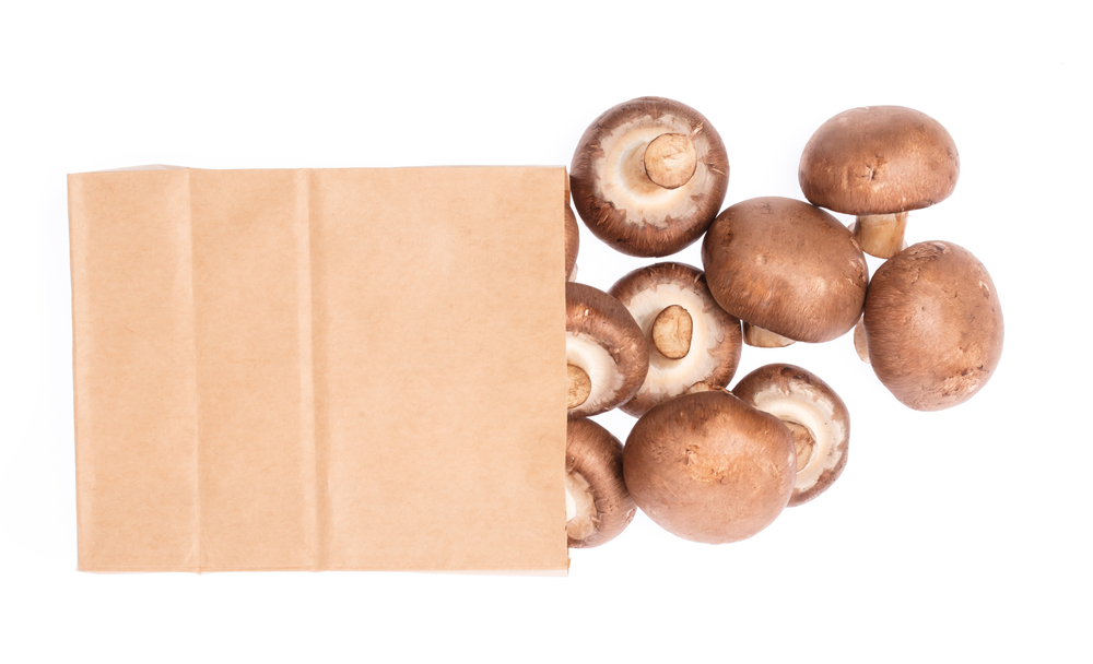 brown Champignon Mushroom in brown paper bag isolated on white background
