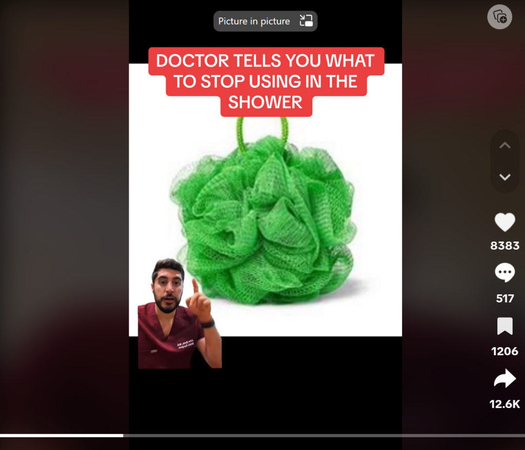 Dermatologist with a loofah in the background
