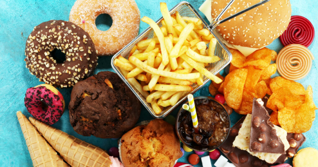 Unhealthy products. food bad for figure, skin, heart and teeth. Assortment of fast carbohydrates food.