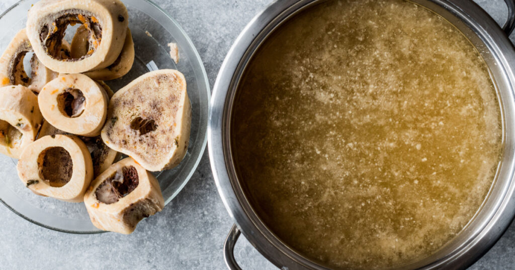 Bone Broth Bouillon in Metal Pan.
