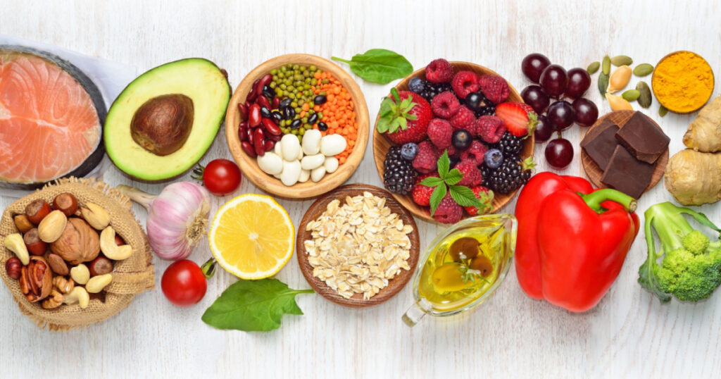 Selection of nutritive food - heart, cholesterol, diabetes. Flat lay, top view, copy space.