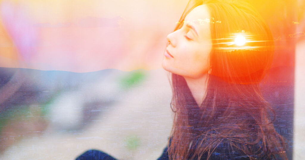 Double exposure closeup portrait of a dreamy cute closed eyes woman meditating outdoors, nature sense. Psychology power of mind, inner voice, self help, smart iq test, good mood, logic study concept
