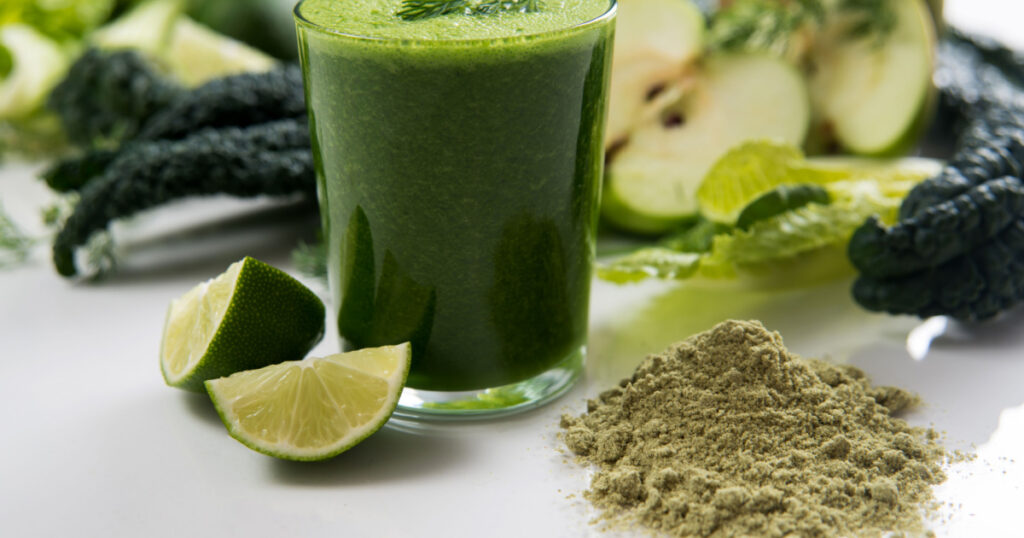 Fresh Juice Smoothie Made with Organic Greens, Spirulina, Protein Powders