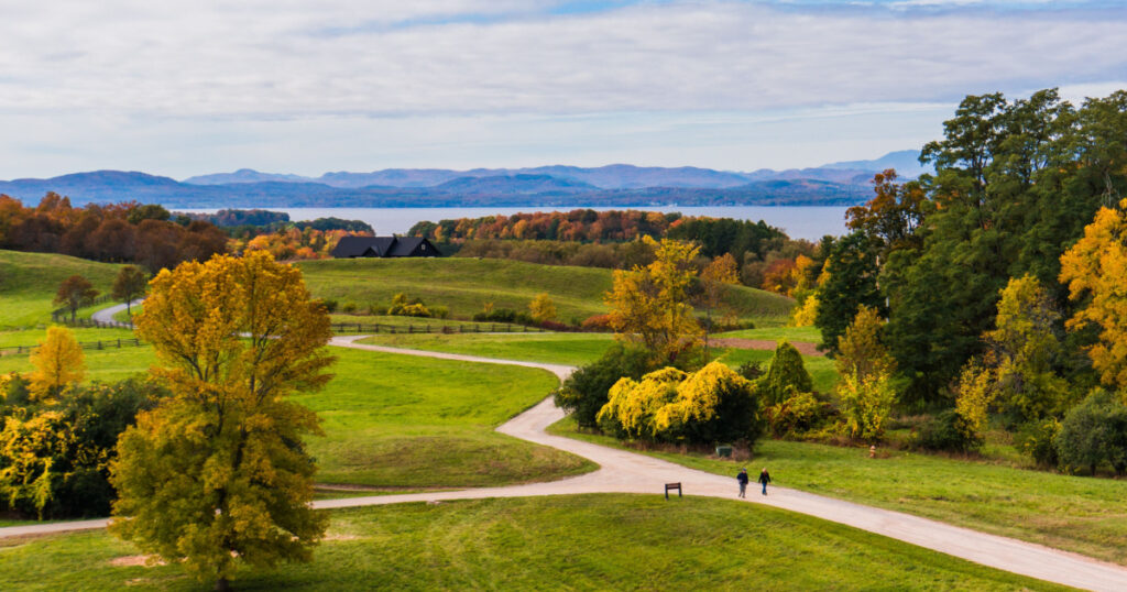 view of Lake Champlain and the Adirondack Mountains in New York from Shelburne Farms in Vermont