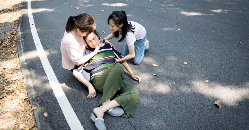Sick asian senior woman fainting,syncope,chronic dizziness,unconscious fell to the floor suffer cardiac syncope,female elderly with postural hypotension or low blood pressure,stroke,health problem
