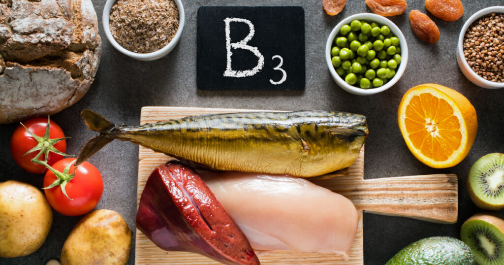 Foods high in Niacin (Vitamin B3) as liver, chicken breast, mackerel, bread, wheat bran, buckwheat, potatoes, tomatoes, bean , almonds, peanuts, green peas, dried apricots, kiwi, orange and avocado