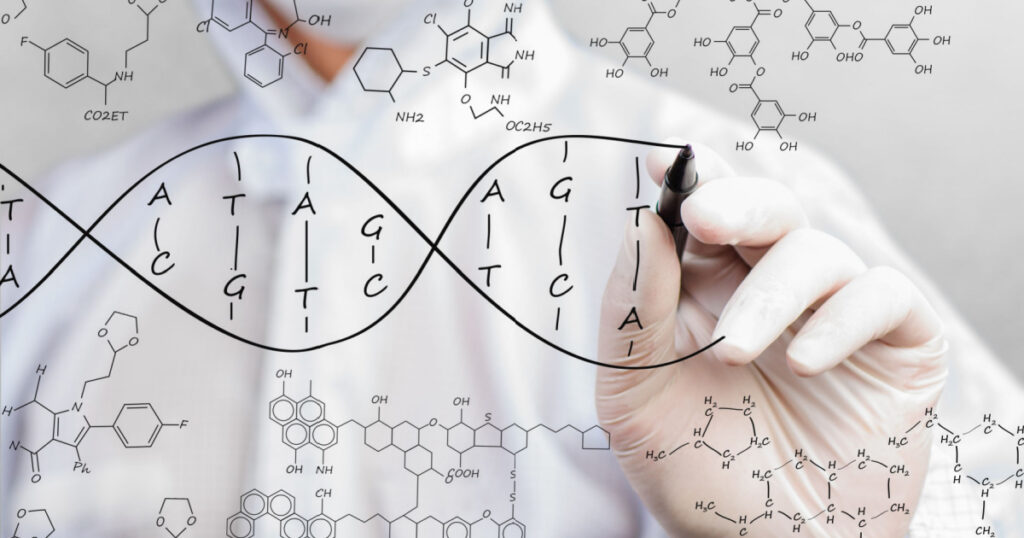 scientist sketching DNA structure