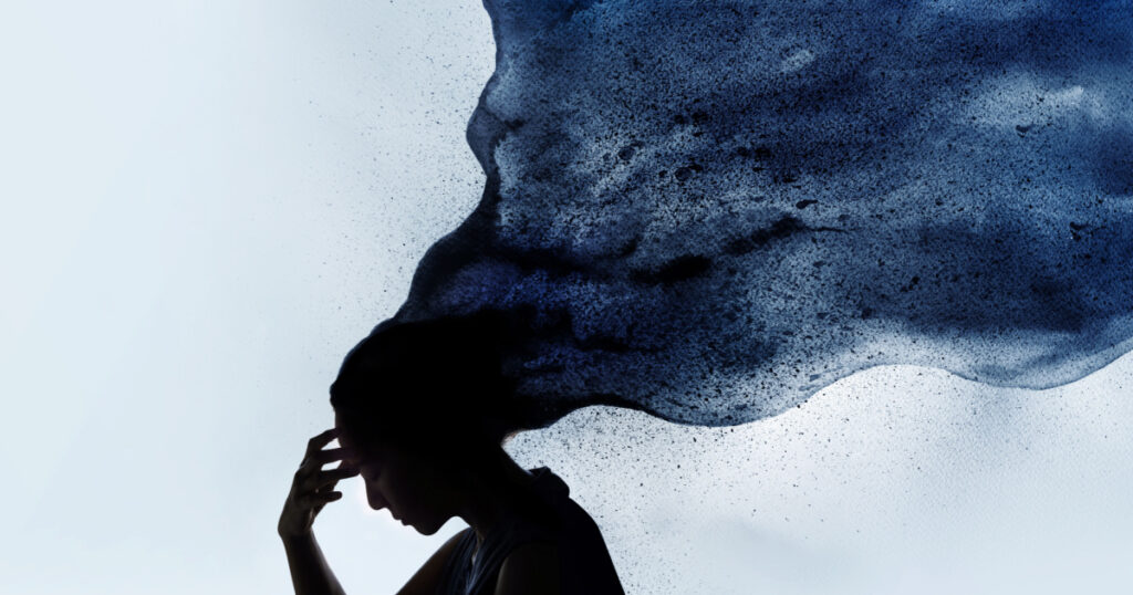 Mental Health Disorder Concept. Exhausted Depressed Female touching Forehead. Stressed Woman Silhouette photo combined with Watercolor. Depression Psychology inside her Head