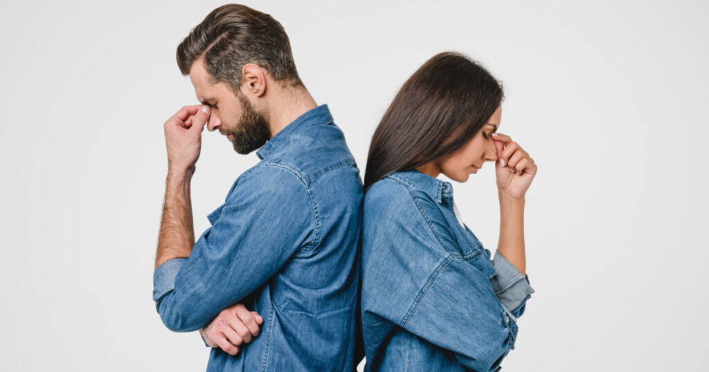 Misunderstanding between partners in relationship. Breakup, abuse between spouses. Girlfriend and boyfriend arguing, having marriage divorce, scandal, cheating isolated in white background