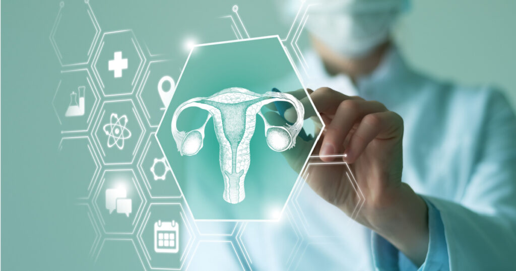 Telemedicine and human Uterus recovery concept. Turquoise color palette, copy space for text.