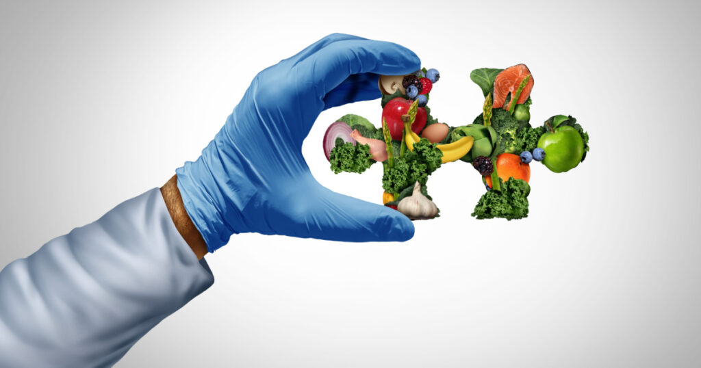 Food Science solutions as a nutritionist or scientist with nutrients and foods as a solution solving a puzzle of nutrition and caloric intake as a dietary health concept for digestion fitness.