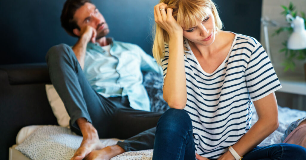 Young couple, family having financial problems, depression, crisis. People divorce, stress concept.