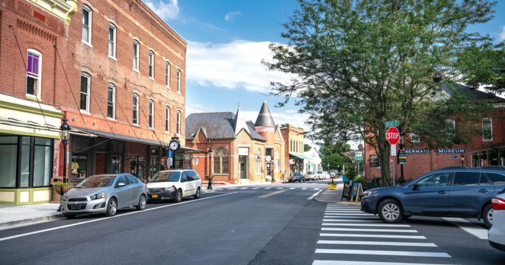 Berlin, Maryland, USA, August 5, 2023 Historic downtown Berlin in Maryland. Old brick buildings and narrow streets. Small shops for tourists.