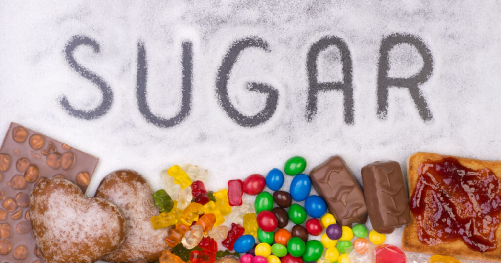 Food containing sugar. Too much sugar in diet causes obesity, diabetes and other health problems