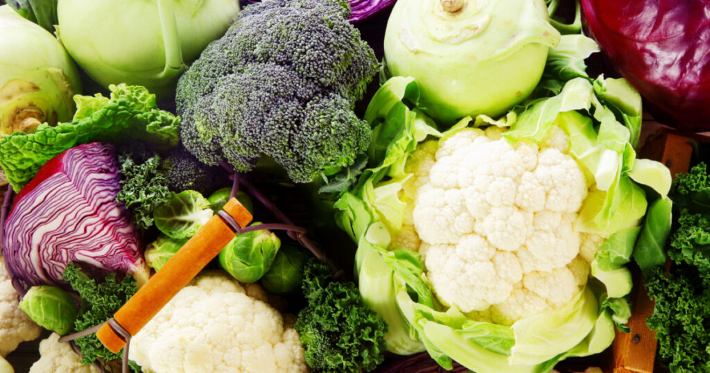 Background of healthy fresh cruciferous vegetables with brioccoli, cabbage, cauliflower, brussels sprouts kale and kohlrabi, close up full frame