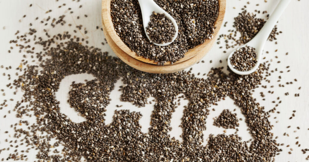 Chia seeds. Chia word made from chia seeds. Selective focus