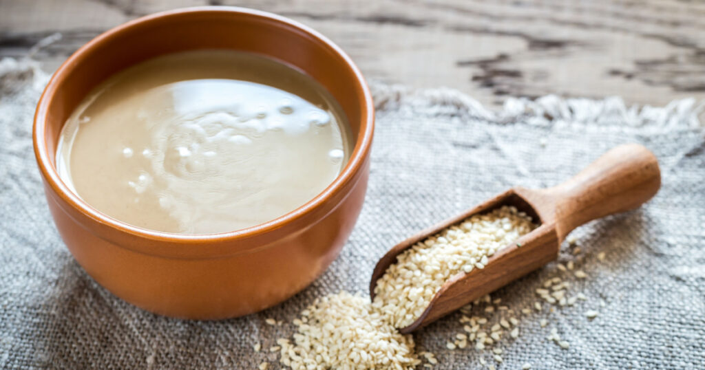 Bowl of tahini with sesame seeds