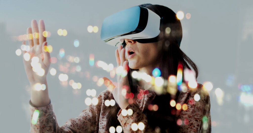 Woman with glasses of virtual reality. Future technology concept.